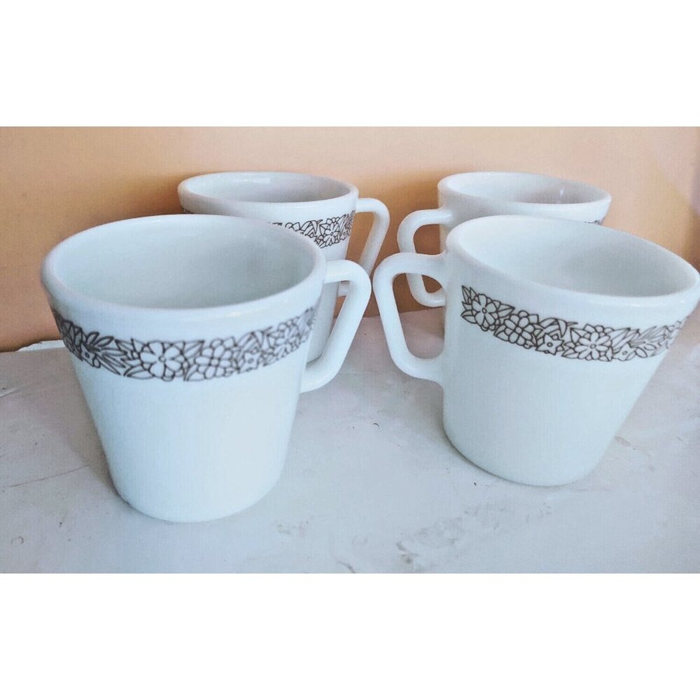Vintage Pyrex Milk Glass Coffee Mugs Woodland Brown Set of 4